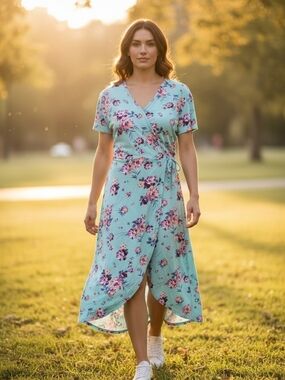 Kristen Nicole Womens S Floral Wrap Wildflower Whisper Midi Dress Aqua Hi Low